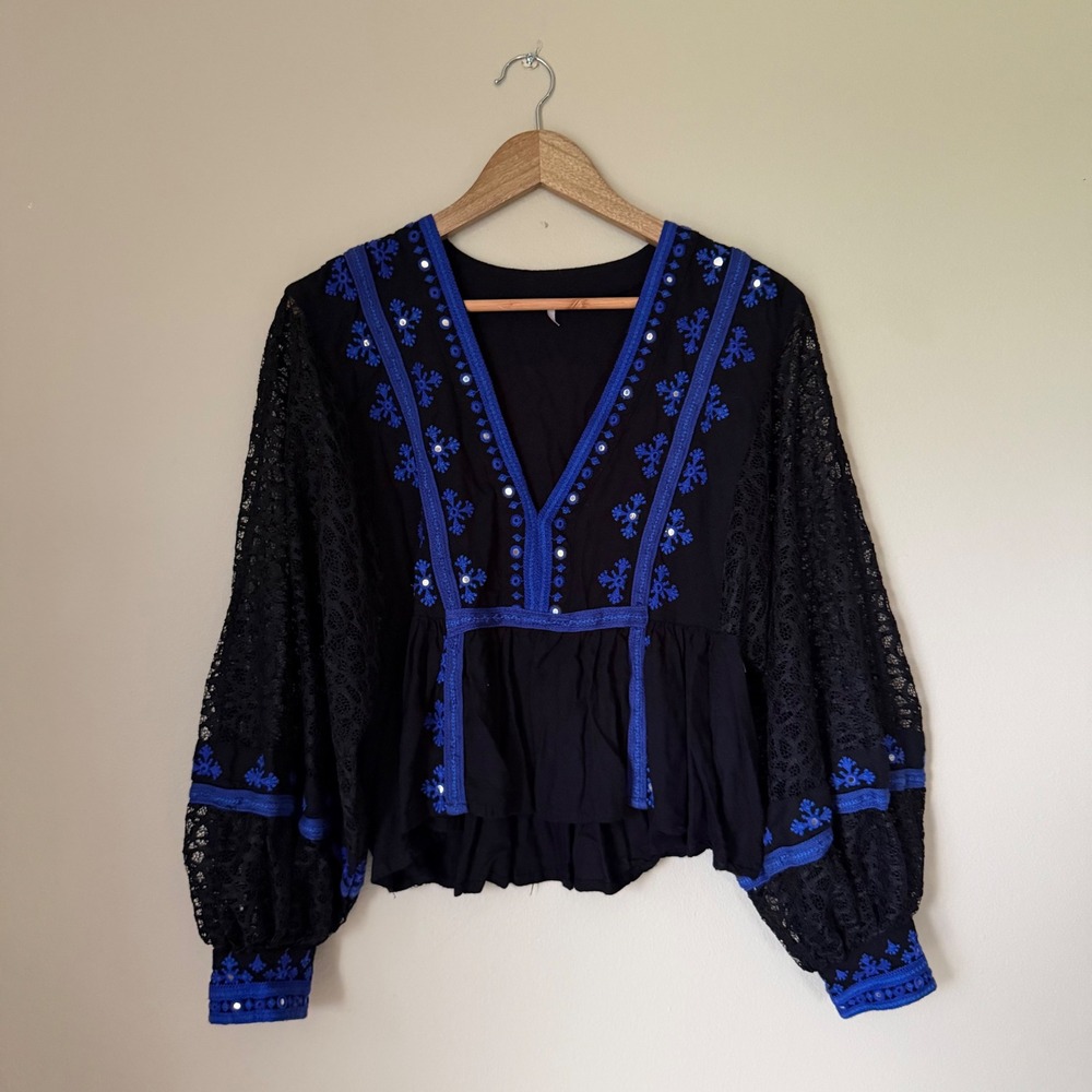 Free People Boogie All Night Black and Blue Lace Top